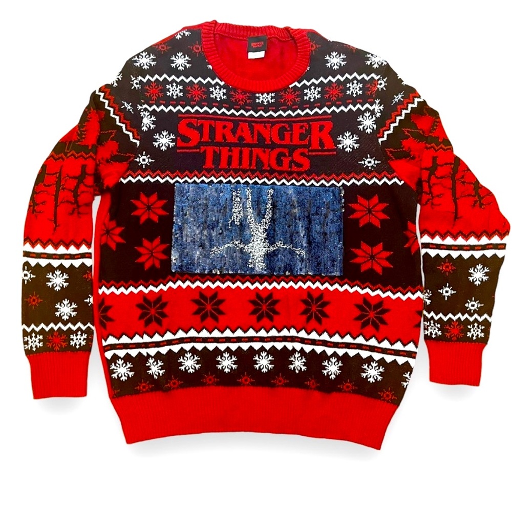 Stranger Things Ugly Holiday Sweater Flip Sequin Men’s Size Large. Super cool!!!